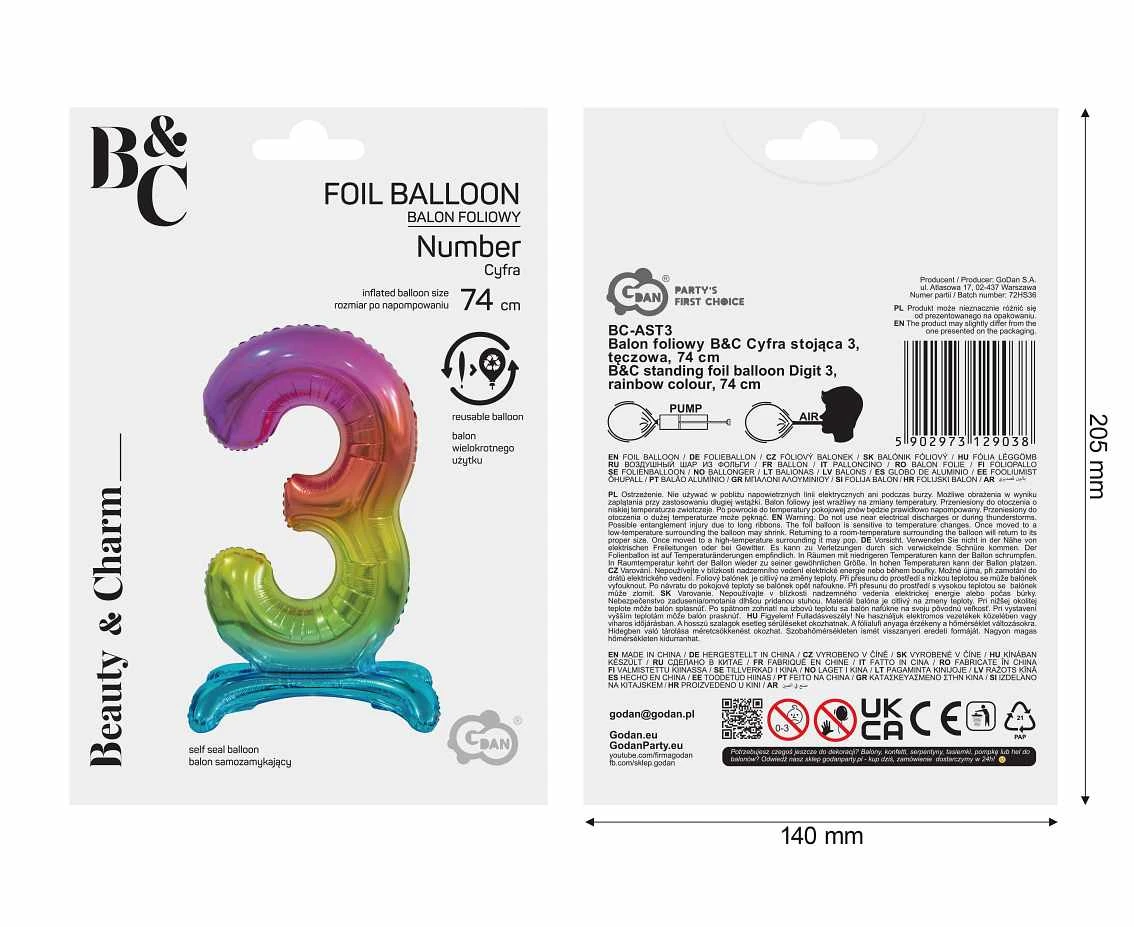 Balon foliowy B&C Cyfra stojąca 3, tęczowa, 74 cm AA